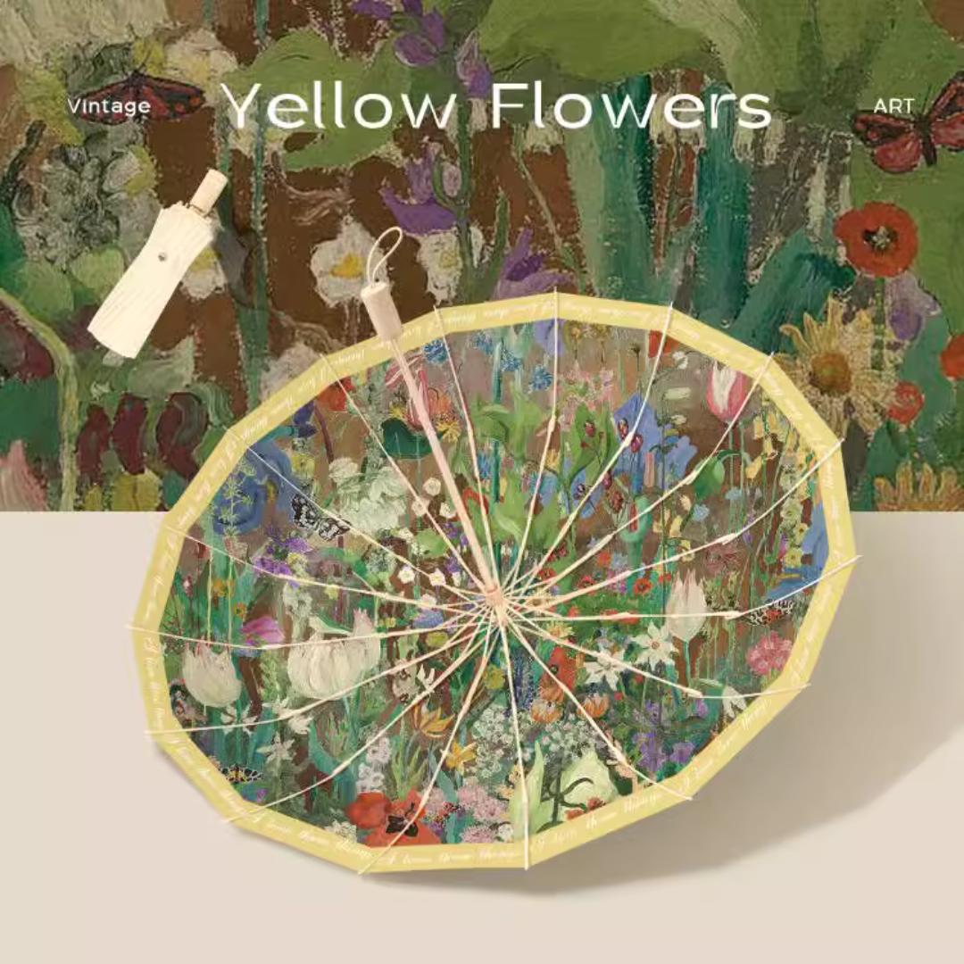 Cedric Morrisの花の絵画の3段折りたたみ傘(晴雨兼用傘)16本骨