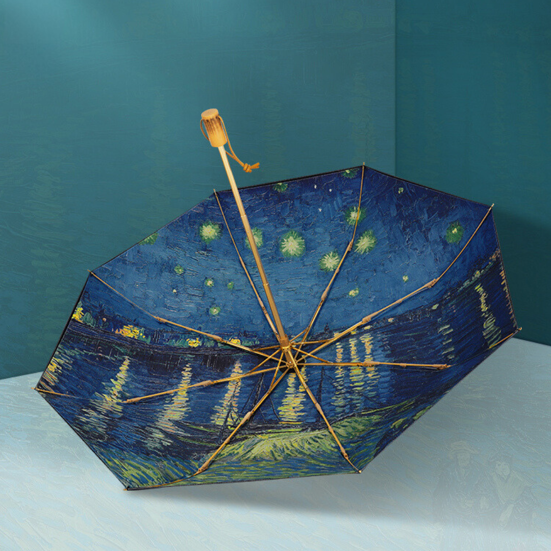 ゴッホのローヌ川の星夜” 3段折りたたみ傘（晴雨兼用傘）8本骨 二枚