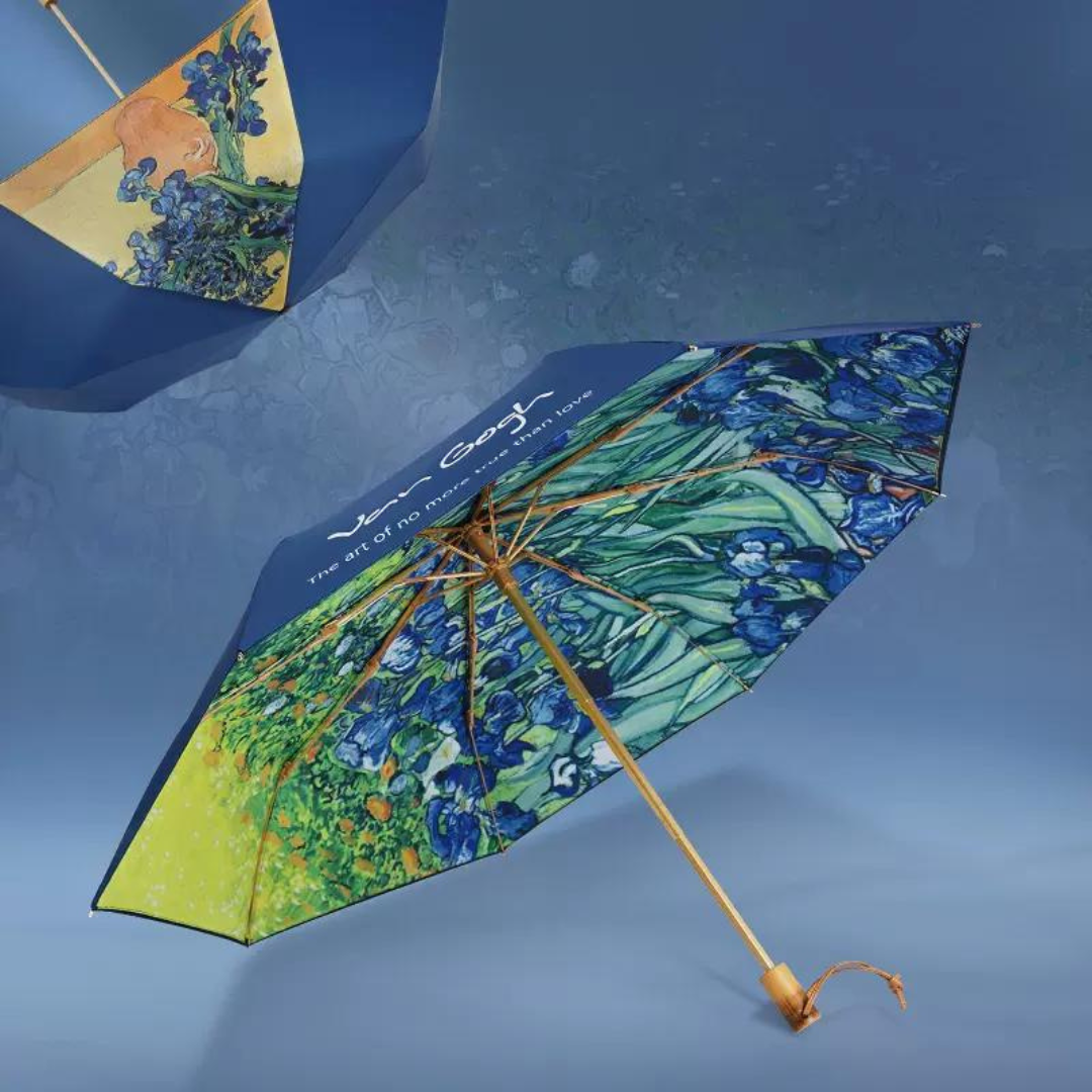ゴッホのアイリス” 3段折りたたみ傘（晴雨兼用傘）8本骨 二枚生地