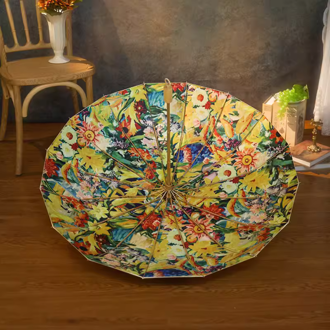 色鮮やかでアートな絵画の3段折りたたみ傘(晴雨兼用傘)16本骨