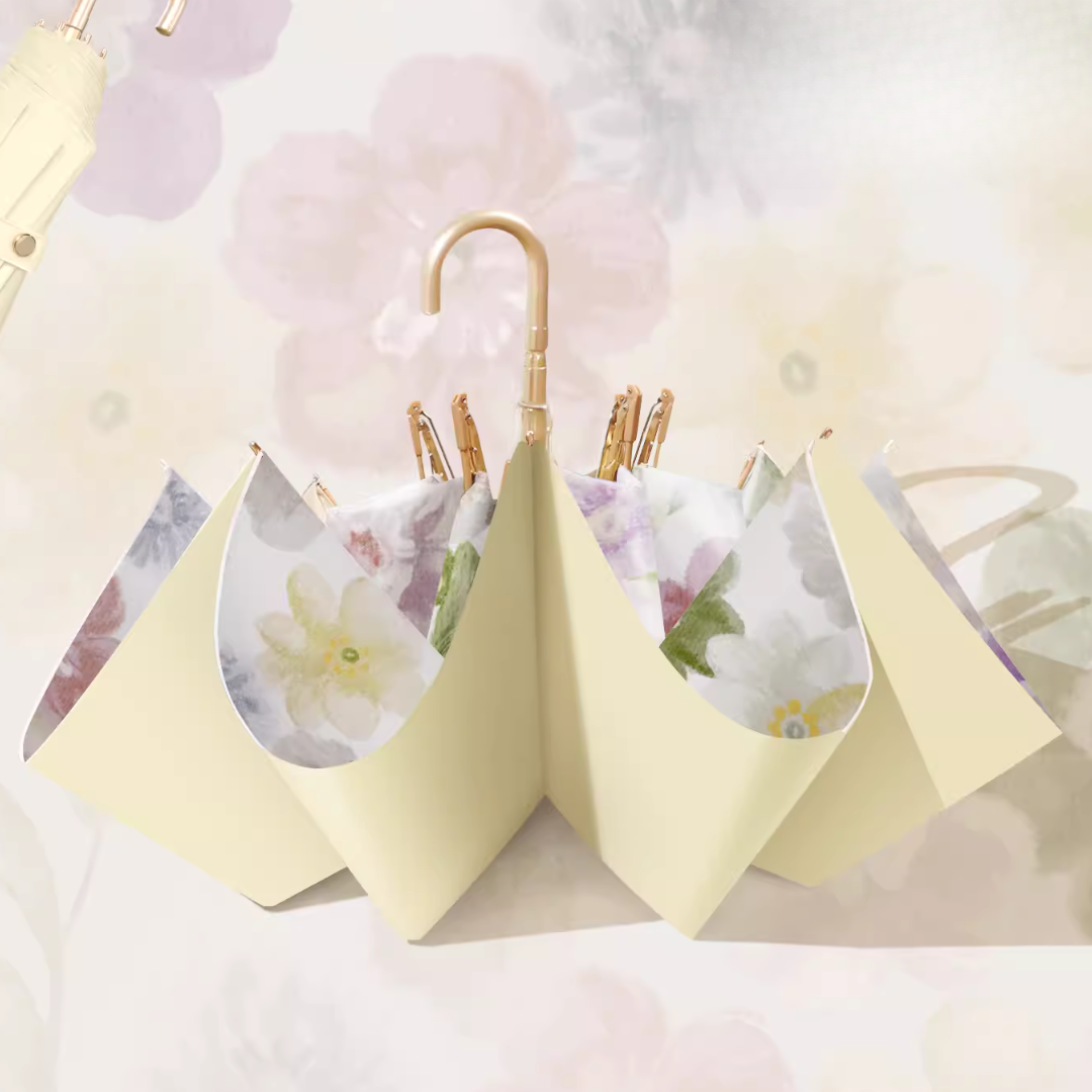 色鮮やかな花模様(大きめの収納袋付き)の3段折りたたみ傘(晴雨兼用傘)8本骨