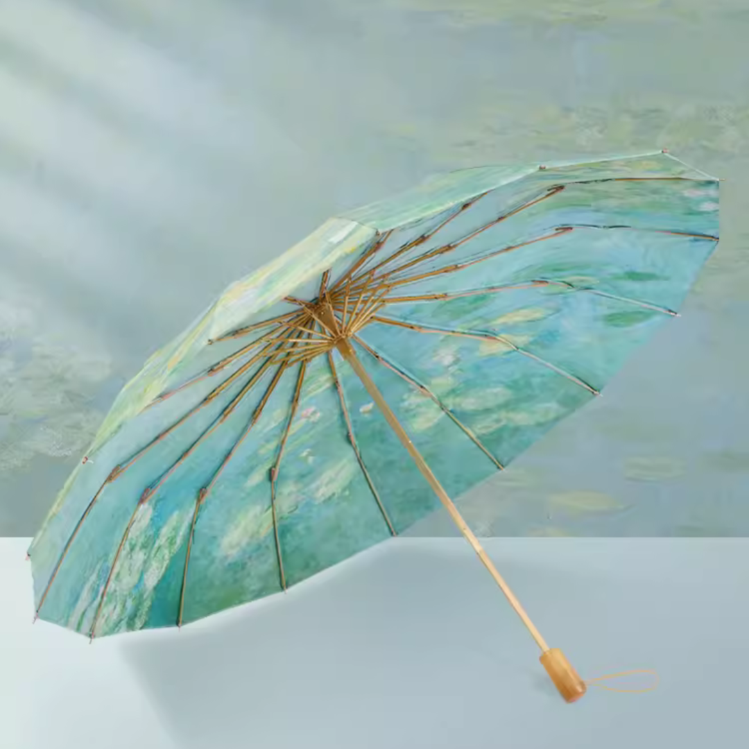 ”モネの睡蓮”の3段折りたたみ傘(晴雨兼用傘)16本骨 二枚生地(両面柄あり)