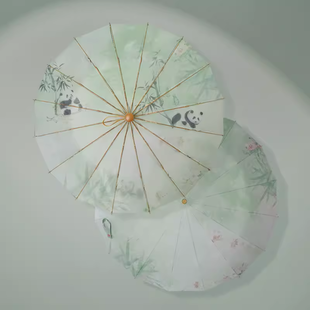 パンダと笹とお花の3段折りたたみ傘(晴雨兼用傘)16本骨 二枚 パンダと笹とお花の3段折りたたみ傘(晴雨兼用傘)16本骨 二枚