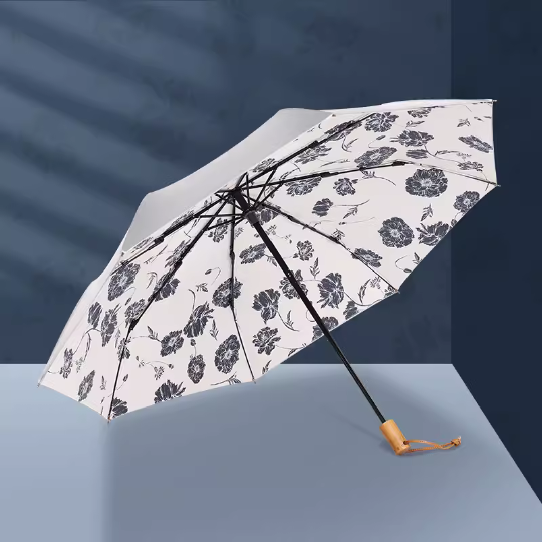 大人の黒色の花柄模様の3段折りたたみ傘 (晴雨兼用日傘)8本骨 二枚生地