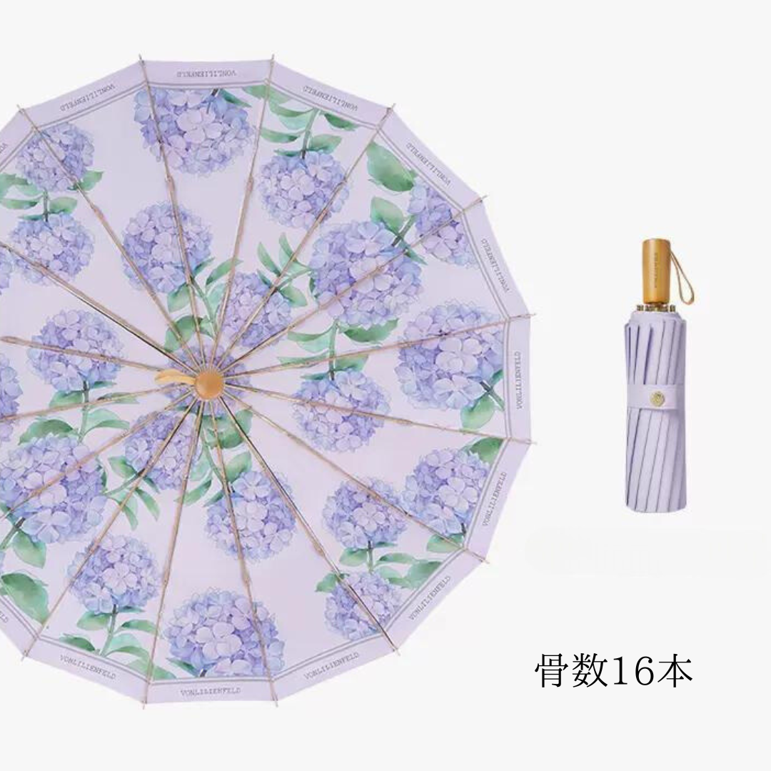 紫陽花の3段折りたたみ傘(晴雨兼用傘)8本骨/16本骨 二枚生地