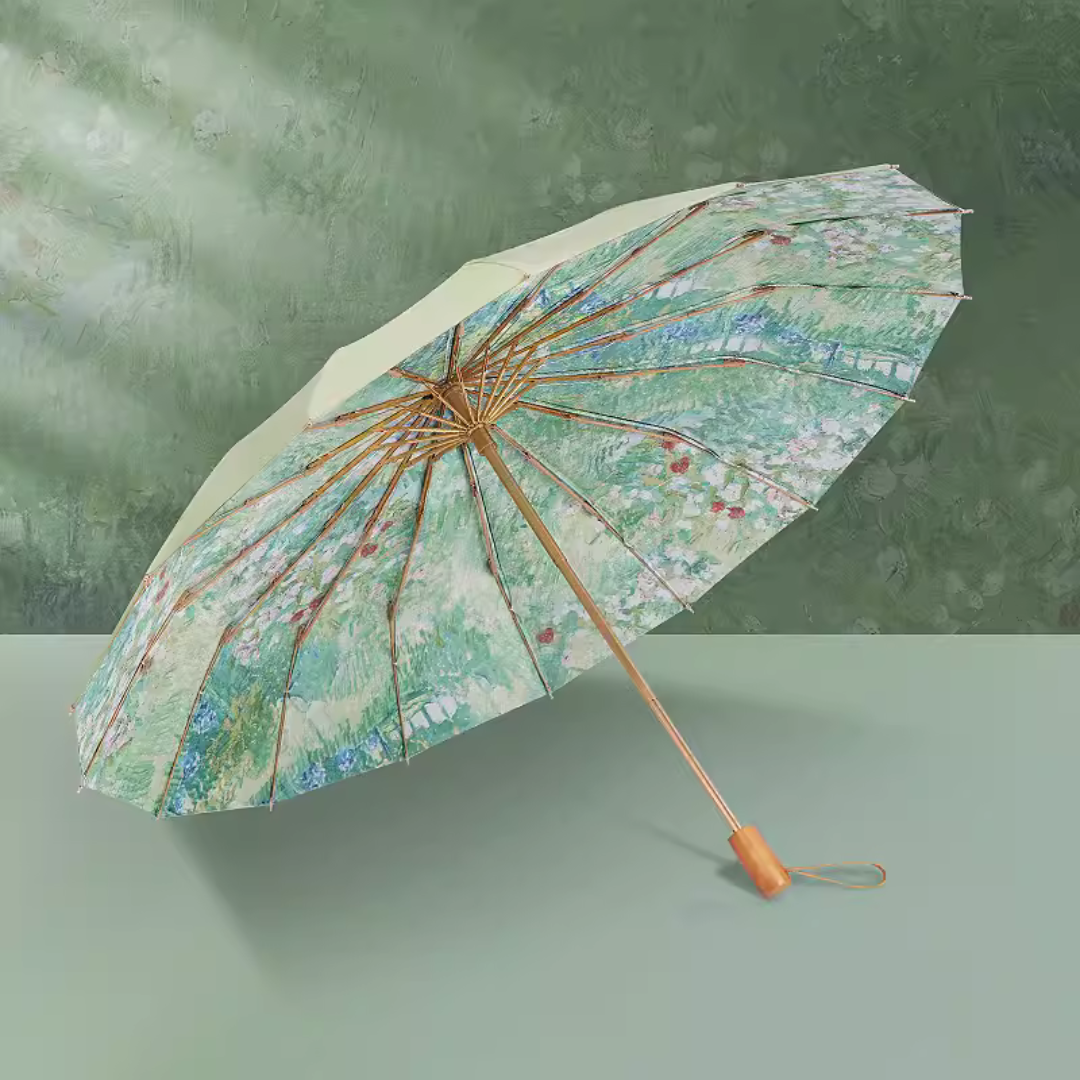 ゴッホのドービニーの庭園” 3段折りたたみ傘（晴雨兼用傘）16本骨 二枚