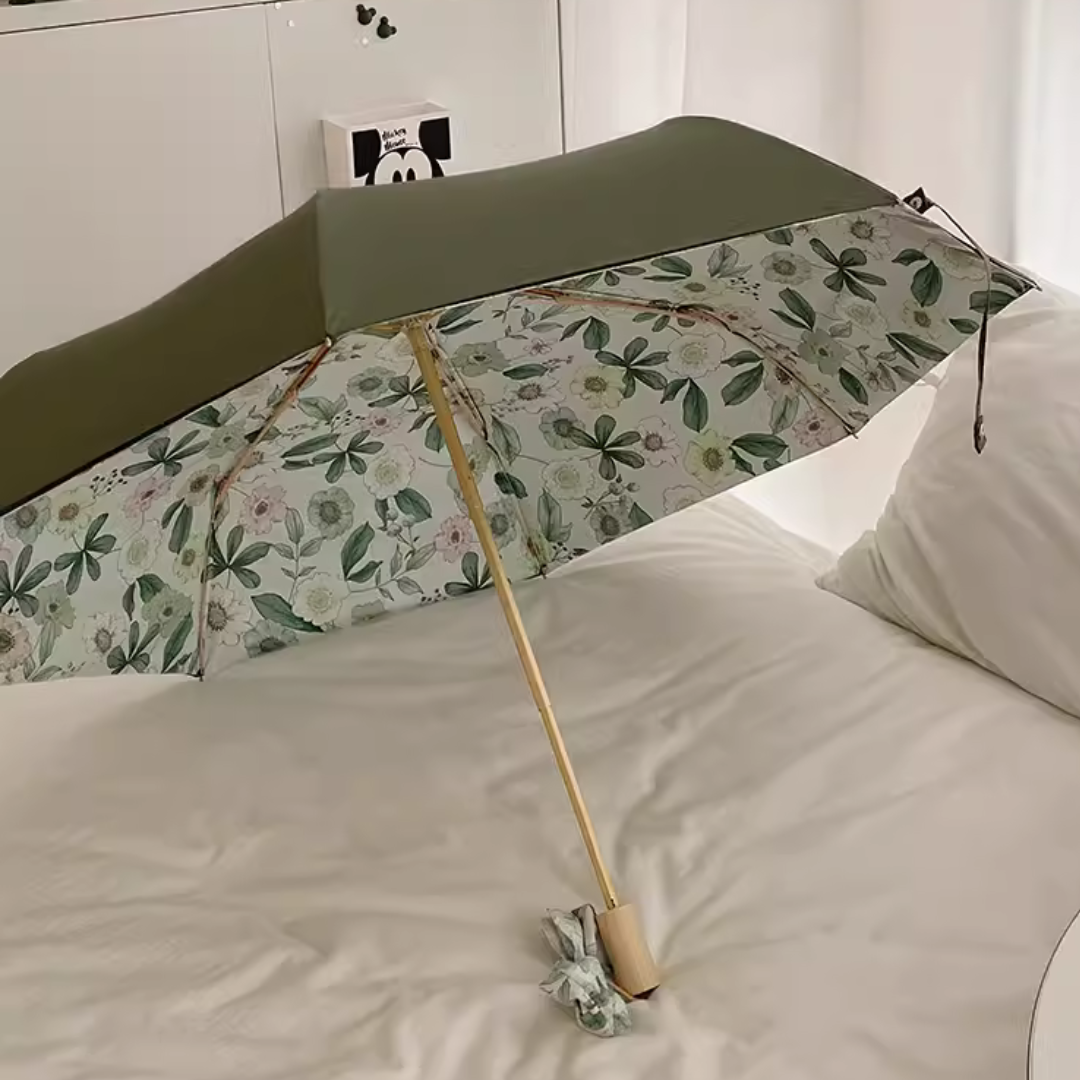緑生地と花柄の3段折りたたみ傘(晴雨兼用傘)8本骨二枚生地 – かさたび 緑生地と花柄の3段折りたたみ傘(晴雨兼用傘)8本骨二枚生地 – かさたび