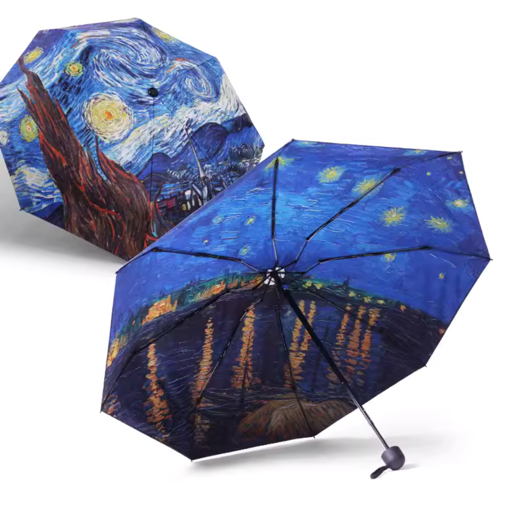 【小型軽量】ゴッホの星月夜の5段折りたたみ傘(晴雨兼用傘)8本骨