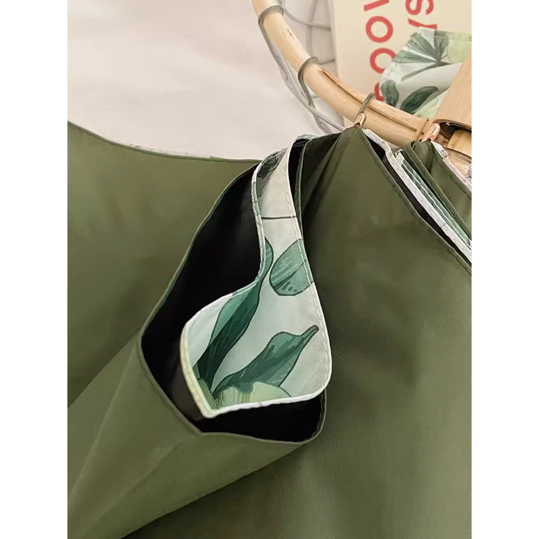 緑生地と花柄の3段折りたたみ傘(晴雨兼用傘)8本骨二枚生地