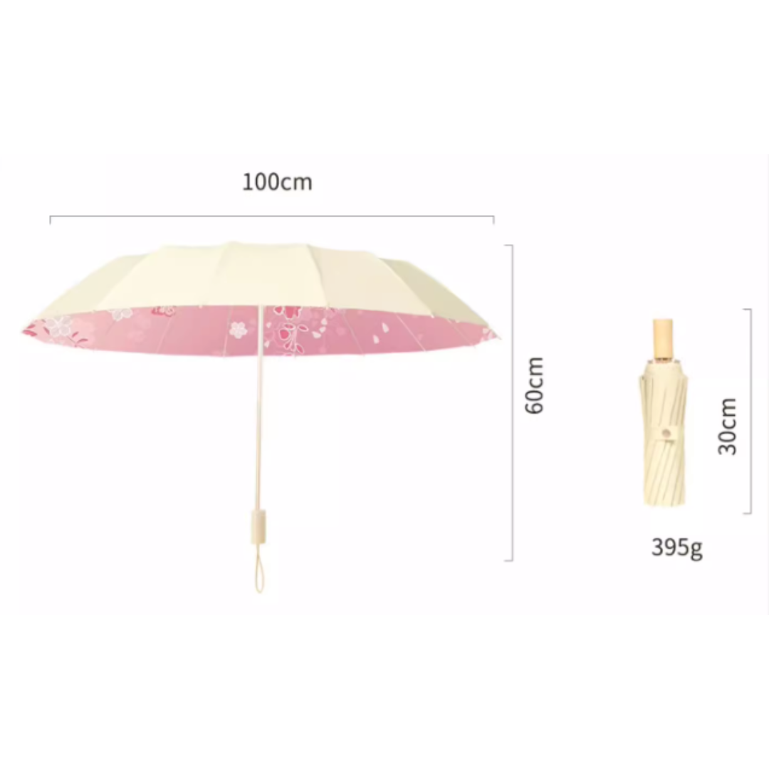 SAKURA Pink & Blackの3段折りたたみ傘(晴雨兼用傘)16本骨