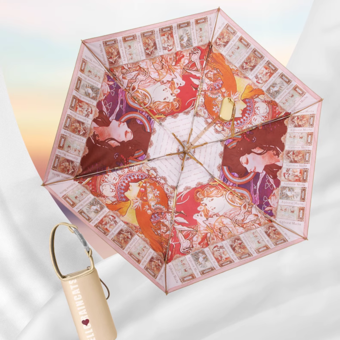 【小型軽量】ミュシャの「月桂樹」の5段折りたたみ傘(晴雨兼用傘)6本骨
