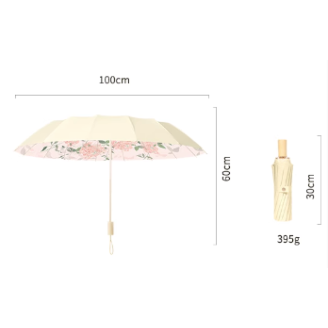 ピンクの花の香りの3段折りたたみ傘(晴雨兼用傘)16本骨