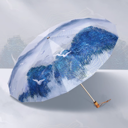 白と青の風景画の3段折りたたみ傘（晴雨兼用傘）8本骨/16本骨