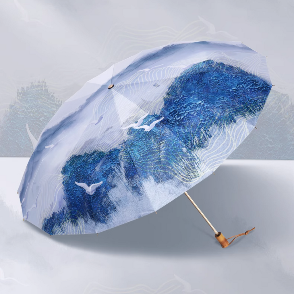 白と青の風景画 晴雨兼用折りたたみ傘 UPF50+