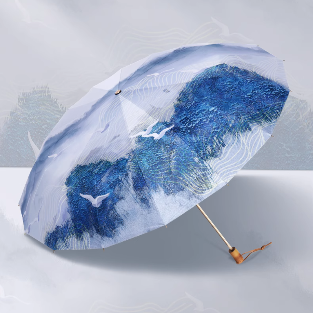 白と青の風景画 晴雨兼用折りたたみ傘 UPF50+