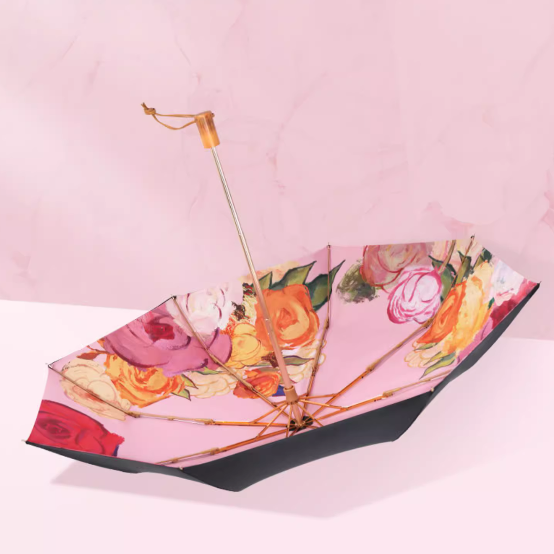 鮮やかな薔薇の絵画 晴雨兼用折りたたみ傘 8本骨 UPF50+