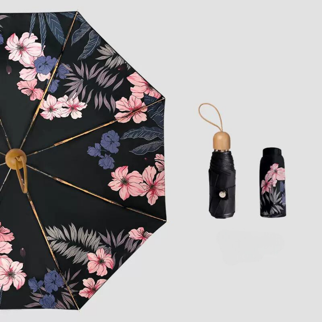 ポケットサイズ ・ピンクの花柄の5段折りたたみ傘（晴雨兼用傘）8本骨