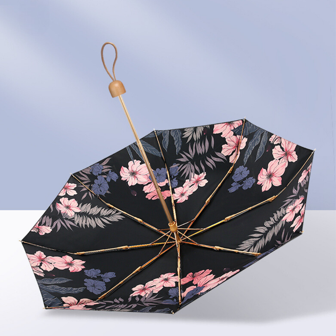 ポケットサイズ ・ピンクの花柄の5段折りたたみ傘（晴雨兼用傘）8本骨