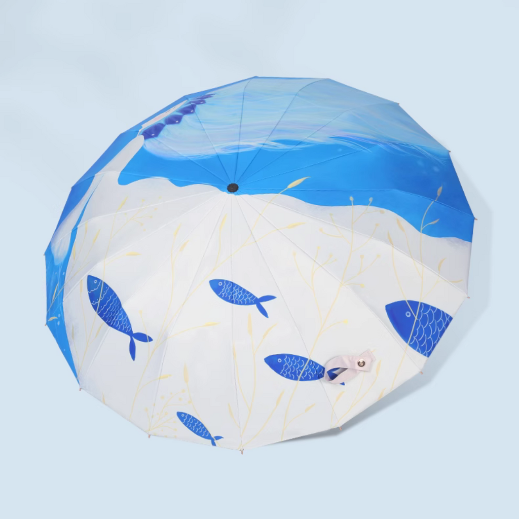 海のお魚柄 晴雨兼用折りたたみ傘 16本骨 UPF50+