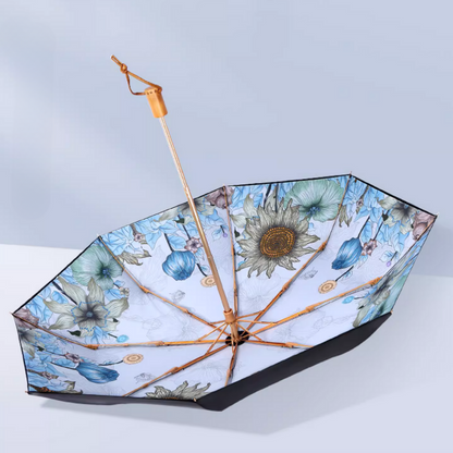 向日葵と青い花の3段折りたたみ傘 （晴雨兼用傘）8本骨 二枚生地