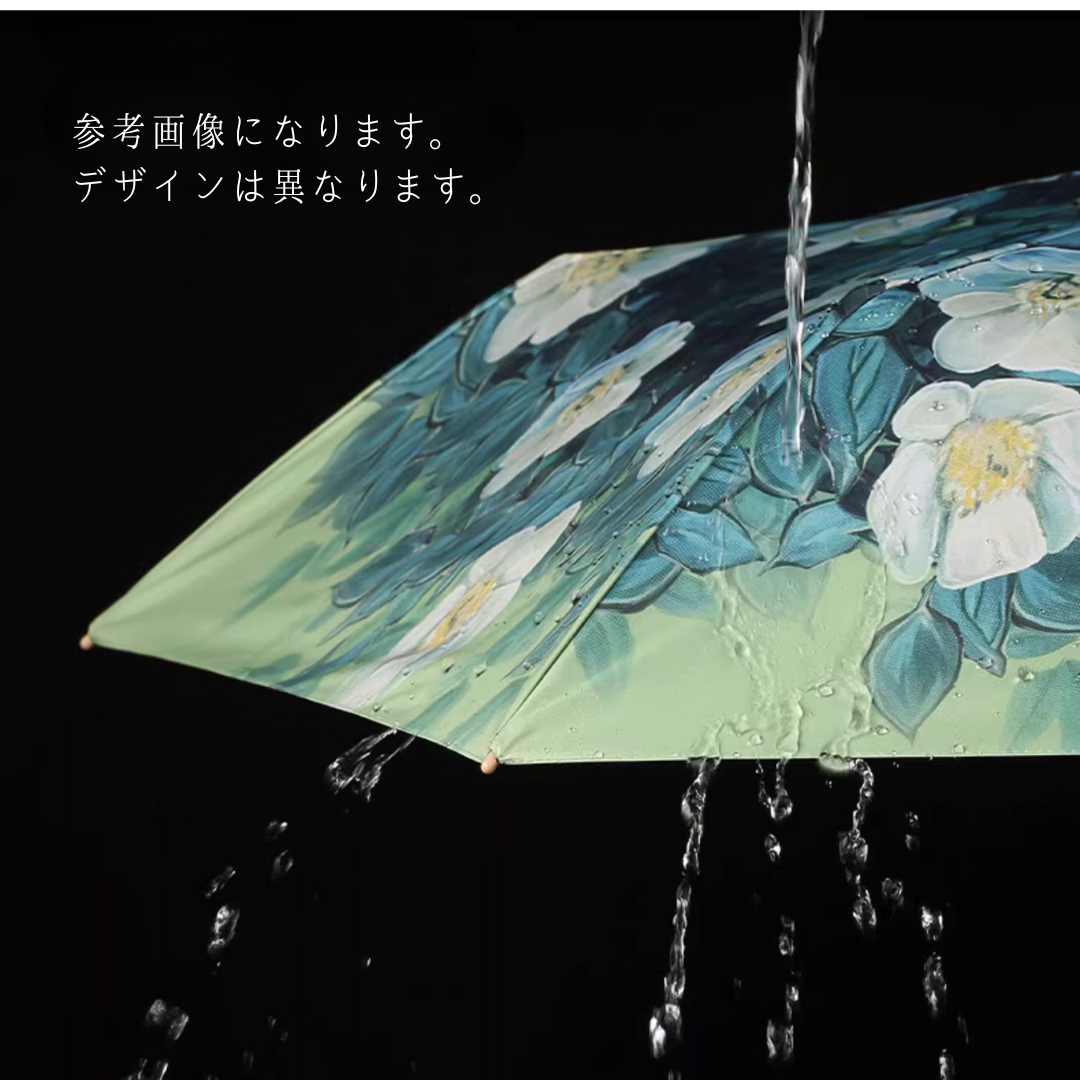 軽量 ・丸いハンドルの白と青の風景画の4段折りたたみ傘（晴雨兼用傘） 6本骨