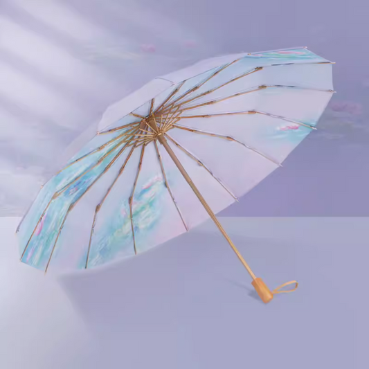 ”モネの霧の中の睡蓮”の3段折りたたみ傘（晴雨兼用傘）16本骨 二枚生地