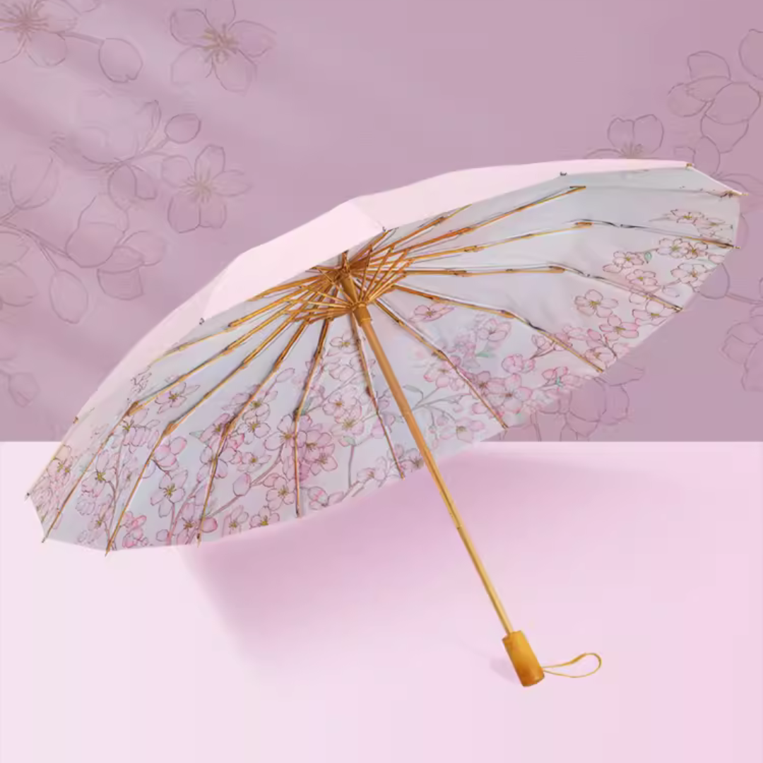 美しい桜柄 晴雨兼用折りたたみ傘 16本骨 UPF50+