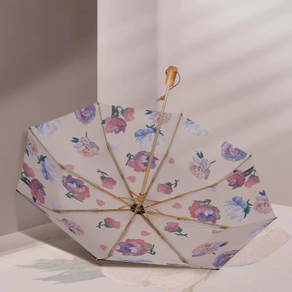 ピンク＆ホワイト・ローズの3段折りたたみ傘 （晴雨兼用傘）8本骨 二枚生地