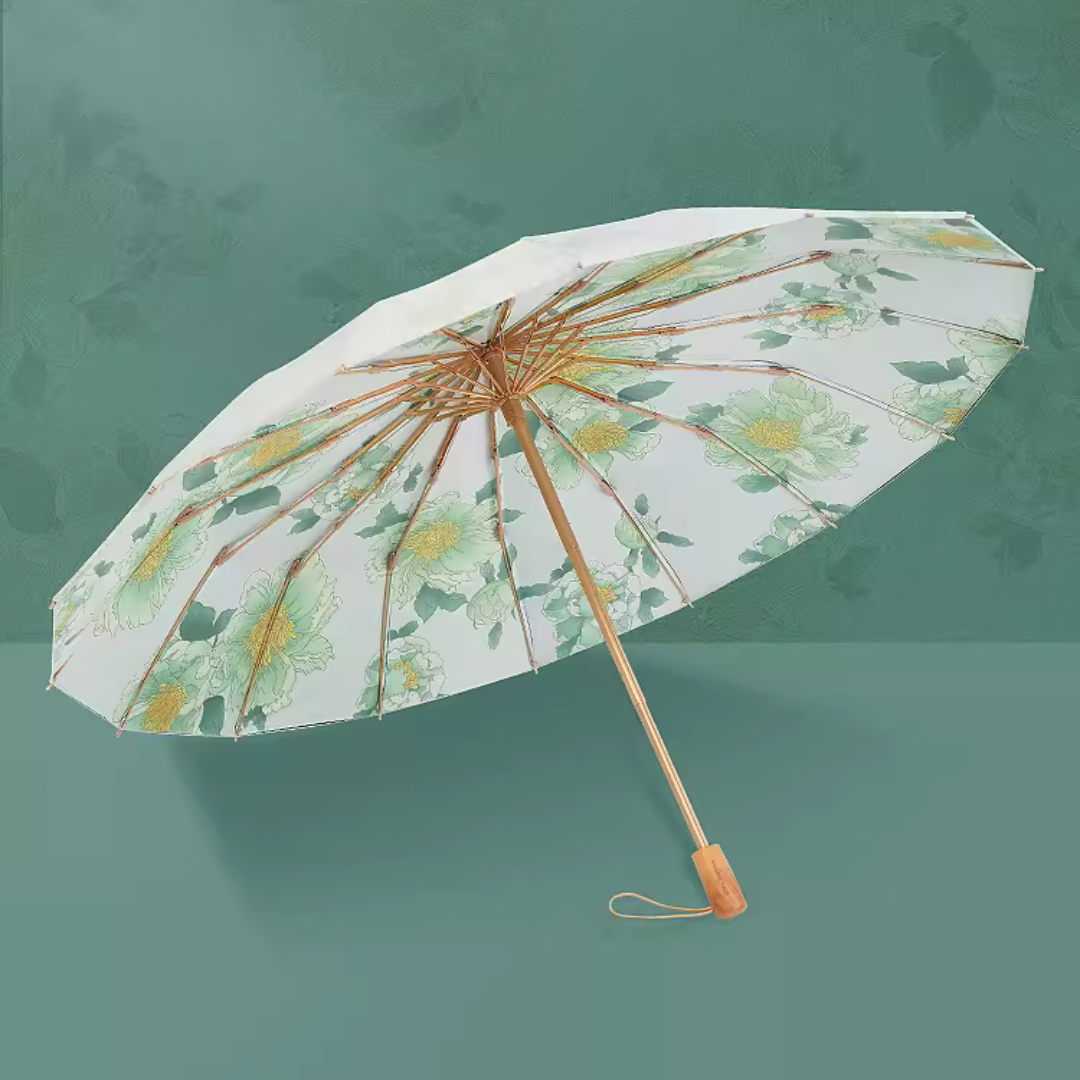 黄色の牡丹の花柄 晴雨兼用折りたたみ傘 16本骨 UPF50+