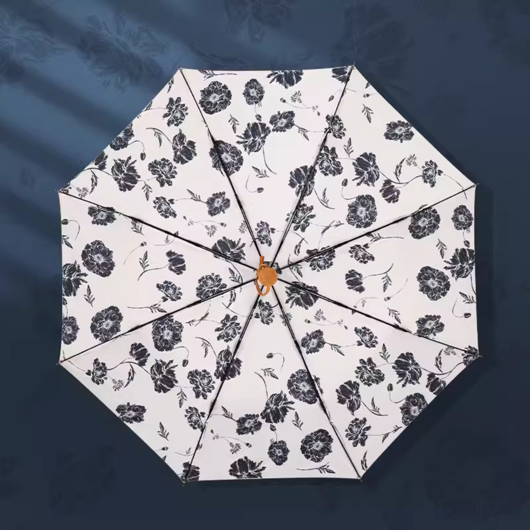 大人の黒色の花柄模様 晴雨兼用折りたたみ傘 8本骨 UPF50+
