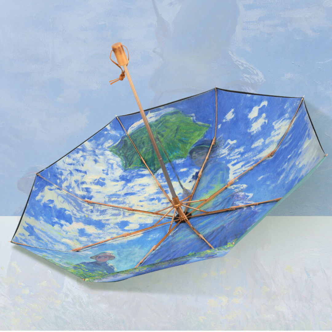 ”モネの日傘をさす女性” 3段折りたたみ傘（晴雨兼用傘）8本骨 二枚生地
