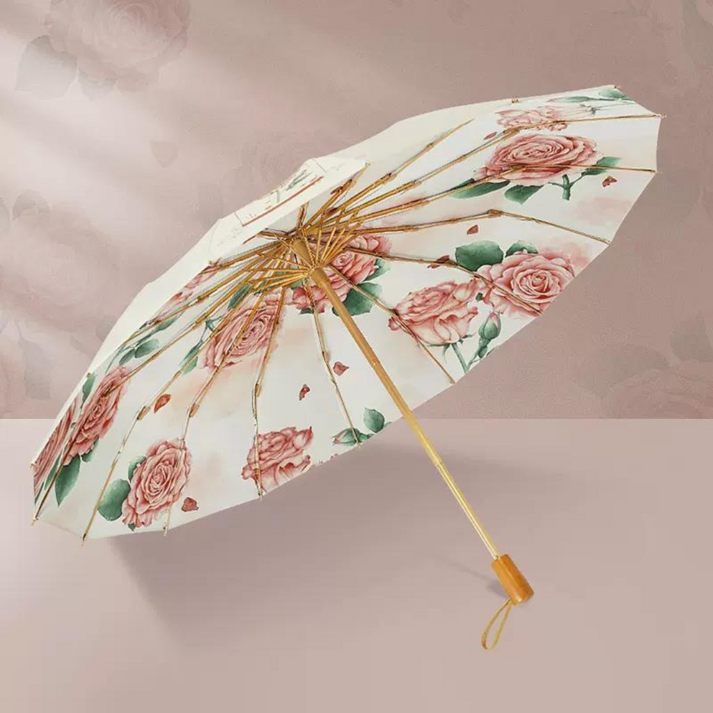 私の薔薇柄 晴雨兼用折りたたみ傘 16本骨 UPF50+