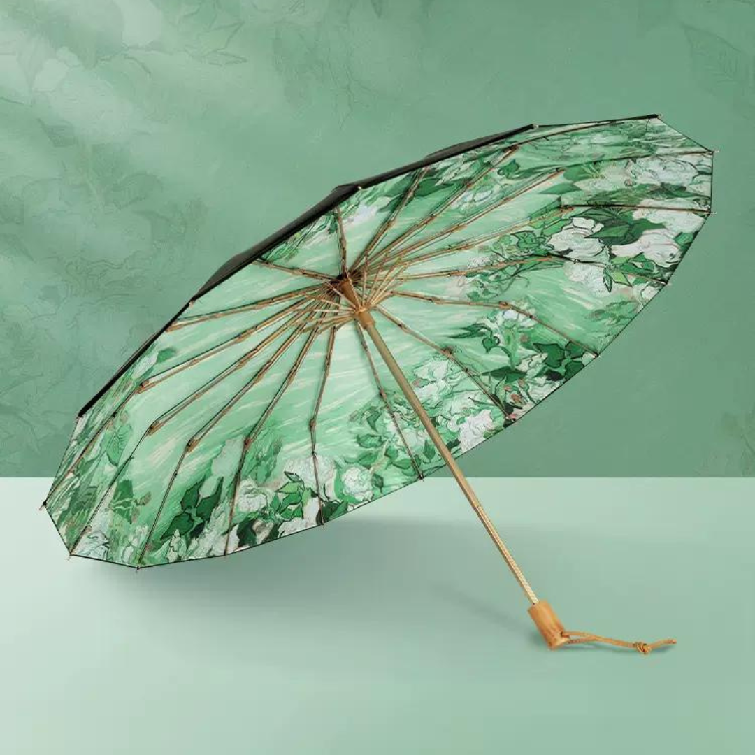 ゴッホ 白薔薇 晴雨兼用折りたたみ傘 16本骨 UPF50+