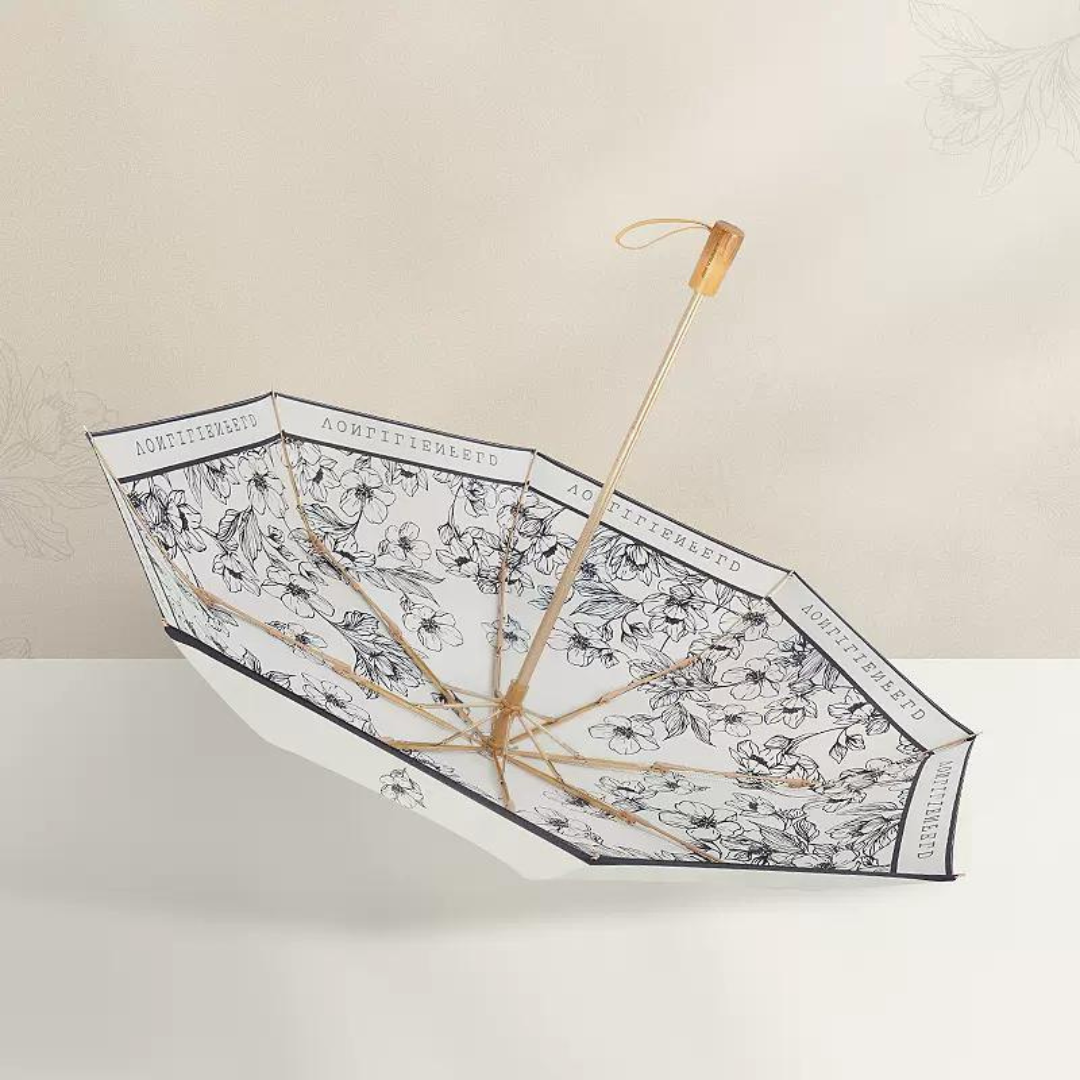 モノトーン花柄の3段折りたたみ傘 （晴雨兼用傘）8本骨 二枚生地
