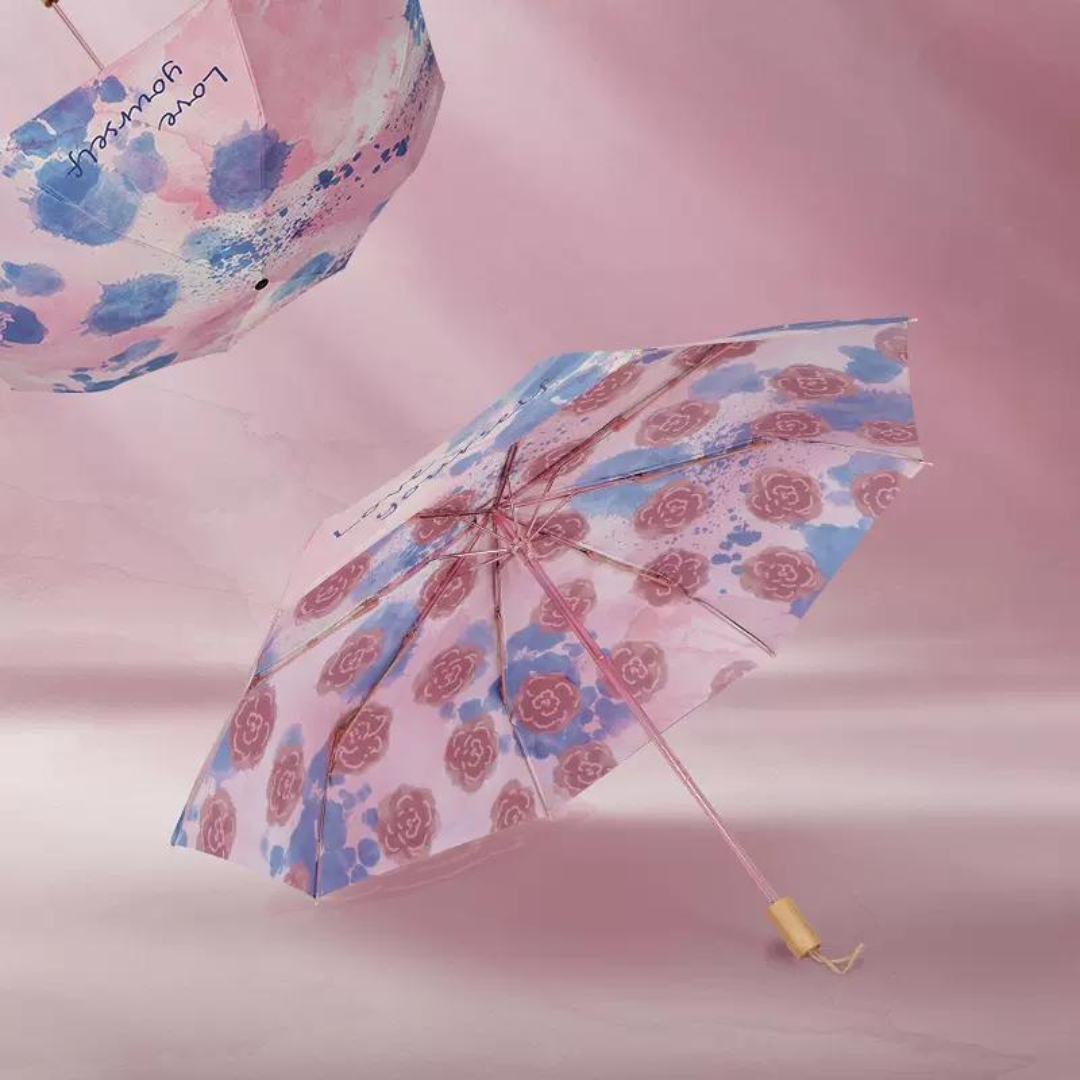 ピンクの薔薇柄 晴雨兼用折りたたみ傘 8本骨 UPF50+