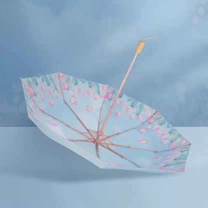 ピンクのチューリップ柄の3段折りたたみ傘 （晴雨兼用傘）8本骨 二枚生地