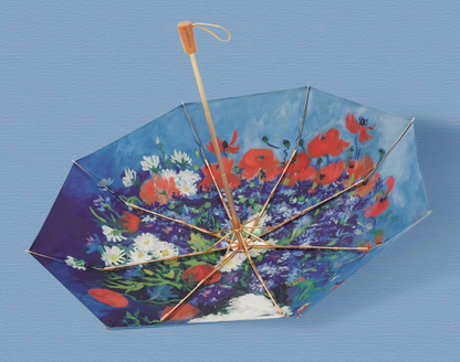 ゴッホ”コーンフラワーとポピーの花瓶”３段折りたたみ晴雨兼用傘 8本骨