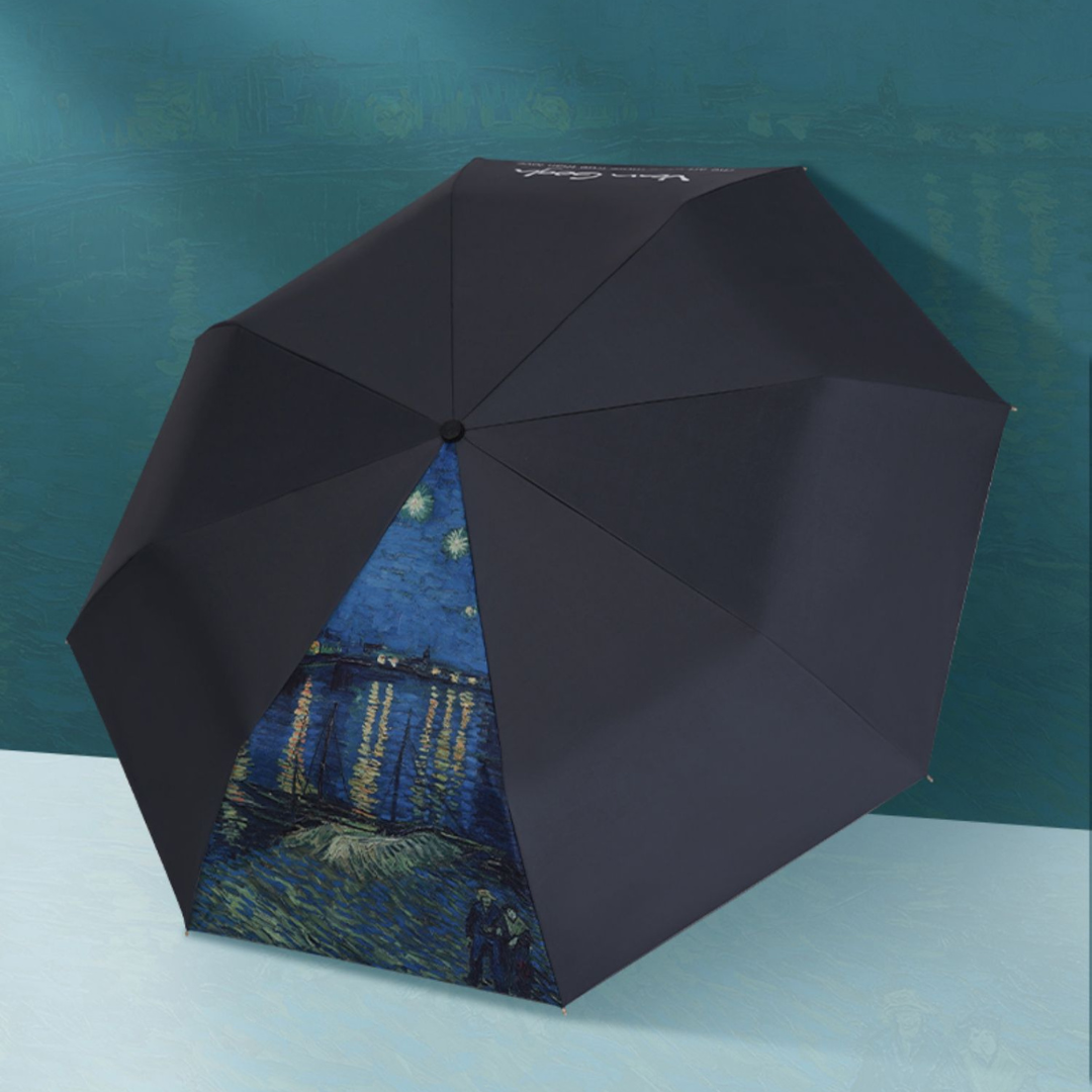 ”ゴッホのローヌ川の星夜” 3段折りたたみ傘（晴雨兼用傘）8本骨 二枚生地