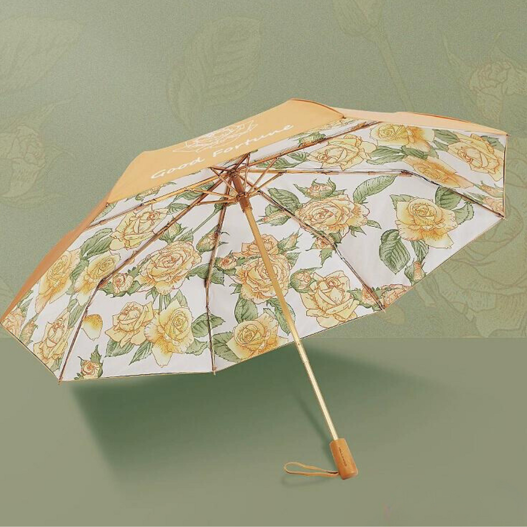 黄色い薔薇柄 晴雨兼用折りたたみ傘 8本骨 UPF50+