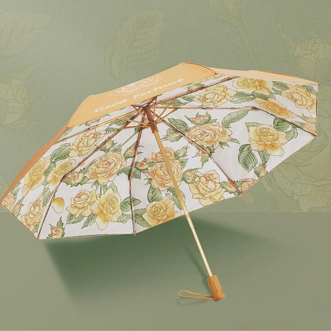 黄色い薔薇柄 晴雨兼用折りたたみ傘 8本骨 UPF50+