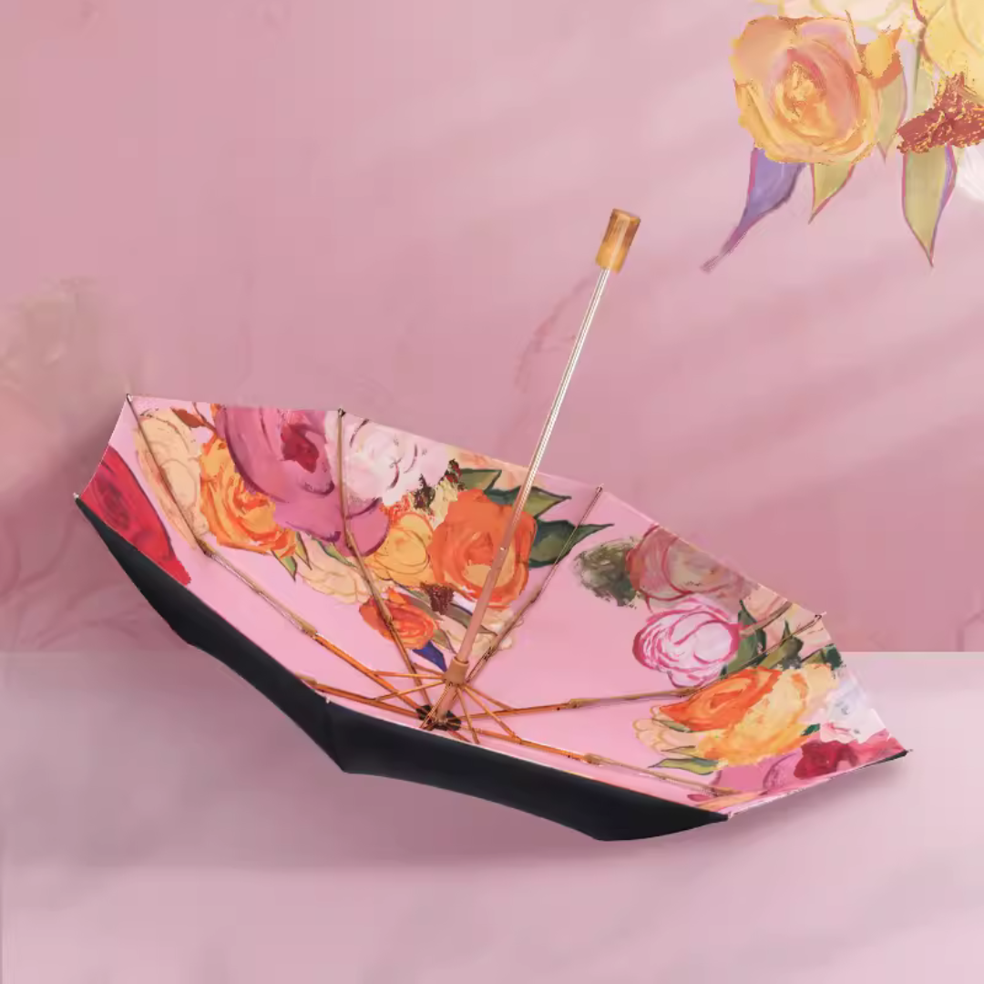 鮮やかな薔薇の絵画 晴雨兼用折りたたみ傘 8本骨 UPF50+