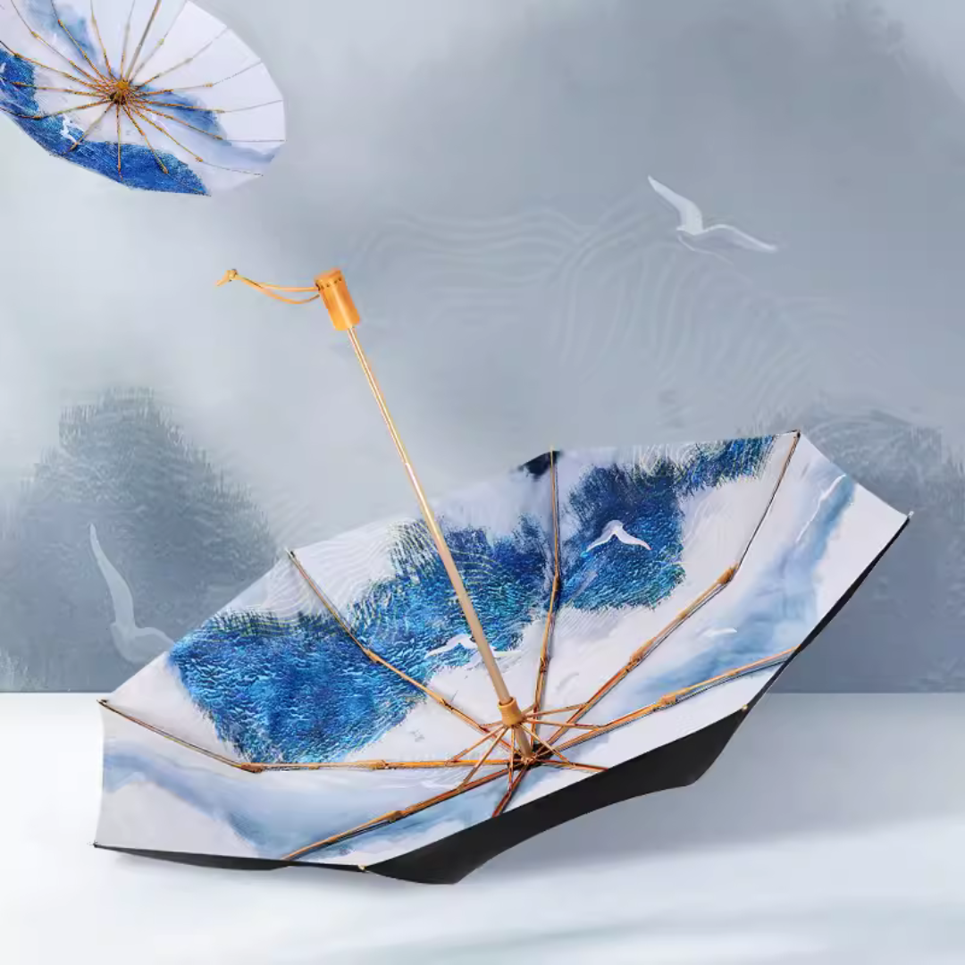 白と青の風景画 晴雨兼用折りたたみ傘 UPF50+