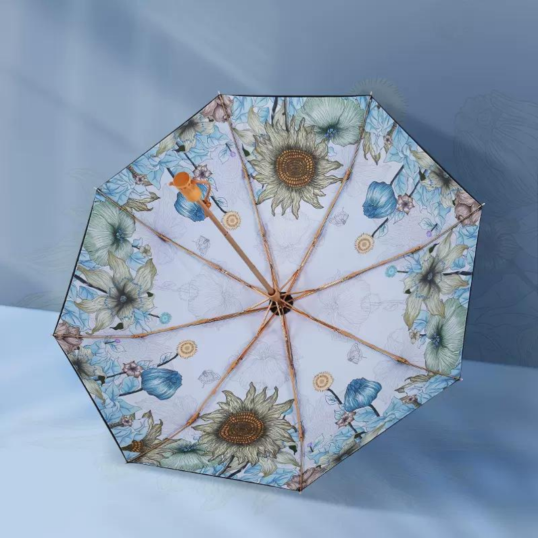 向日葵と青い花の3段折りたたみ傘 （晴雨兼用傘）8本骨 二枚生地
