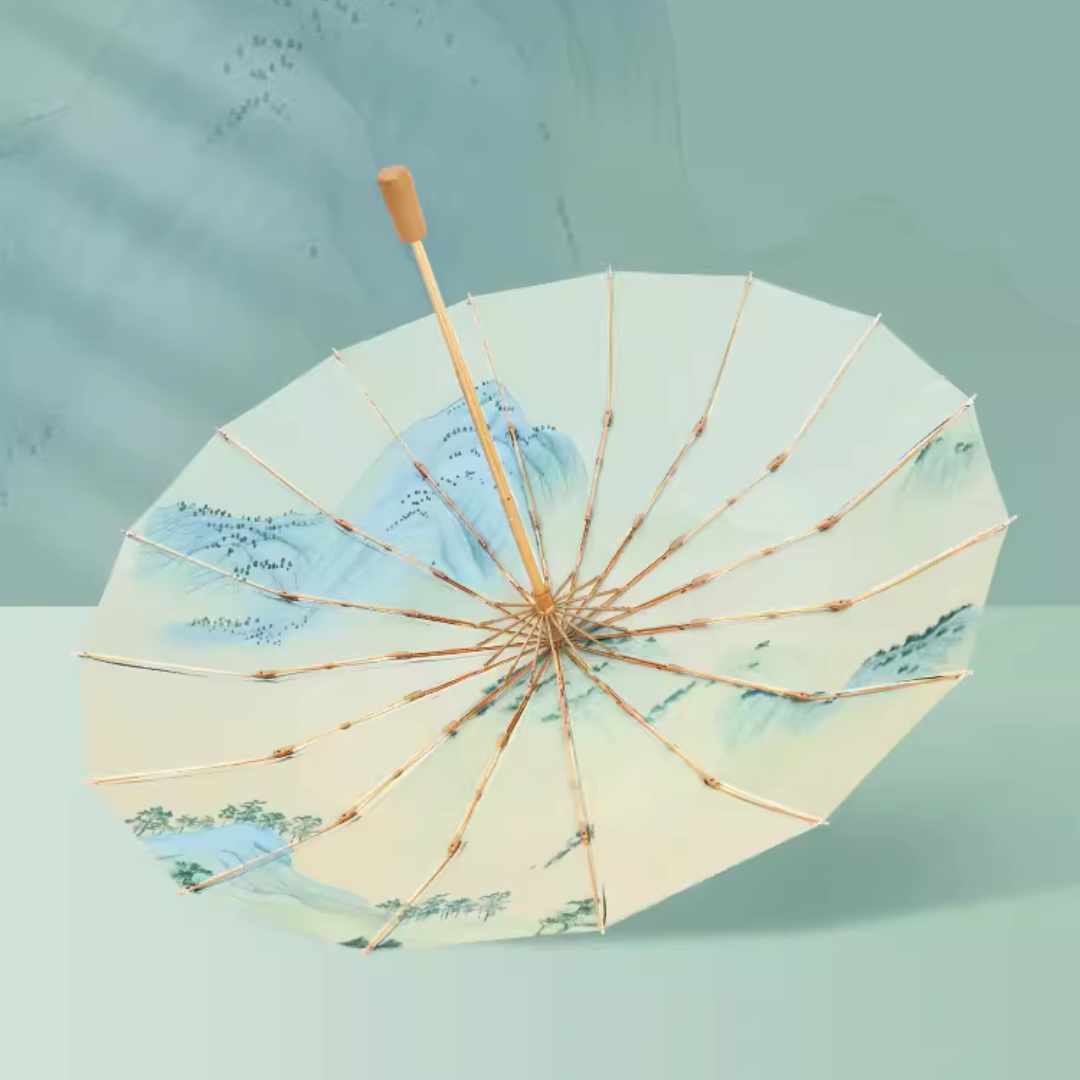 千里江山の3段折りたたみ傘（晴雨兼用傘）16本骨 二枚生地