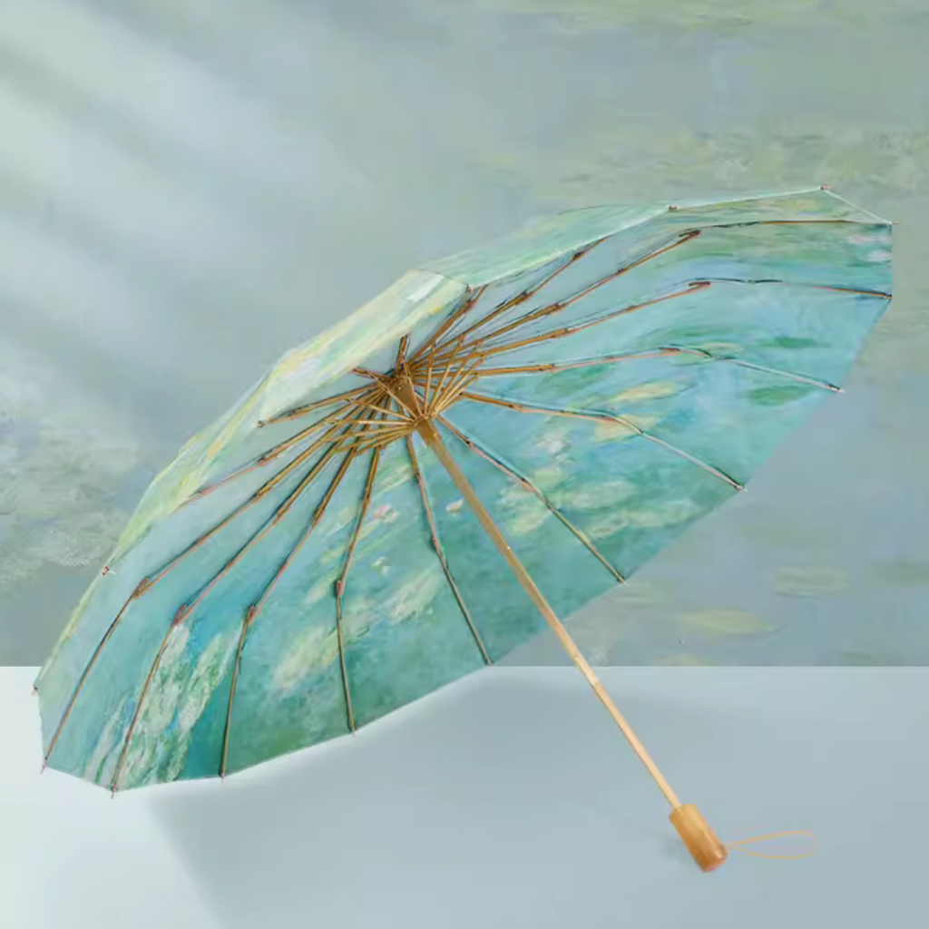 ”モネの睡蓮”の3段折りたたみ傘（晴雨兼用傘）16本骨 二枚生地(両面柄あり)