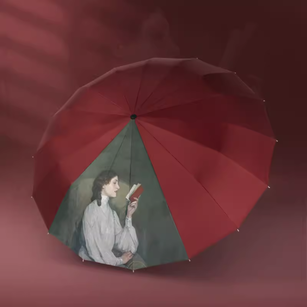 油絵「読書」 晴雨兼用折りたたみ傘 16本骨 UPF50+