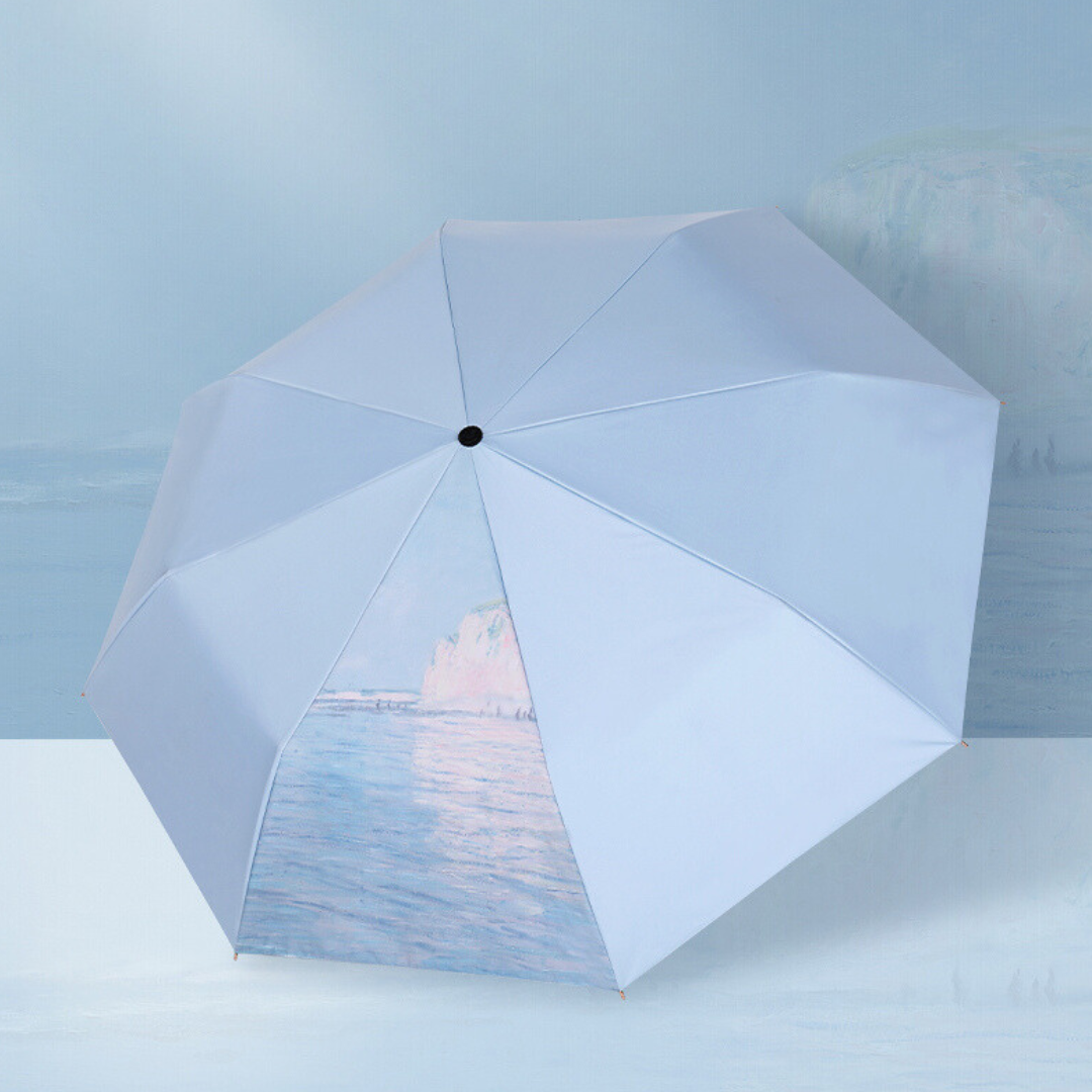 ”モネのプールヴィルの干潮” 3段折りたたみ傘（晴雨兼用傘）8本骨 二枚生地