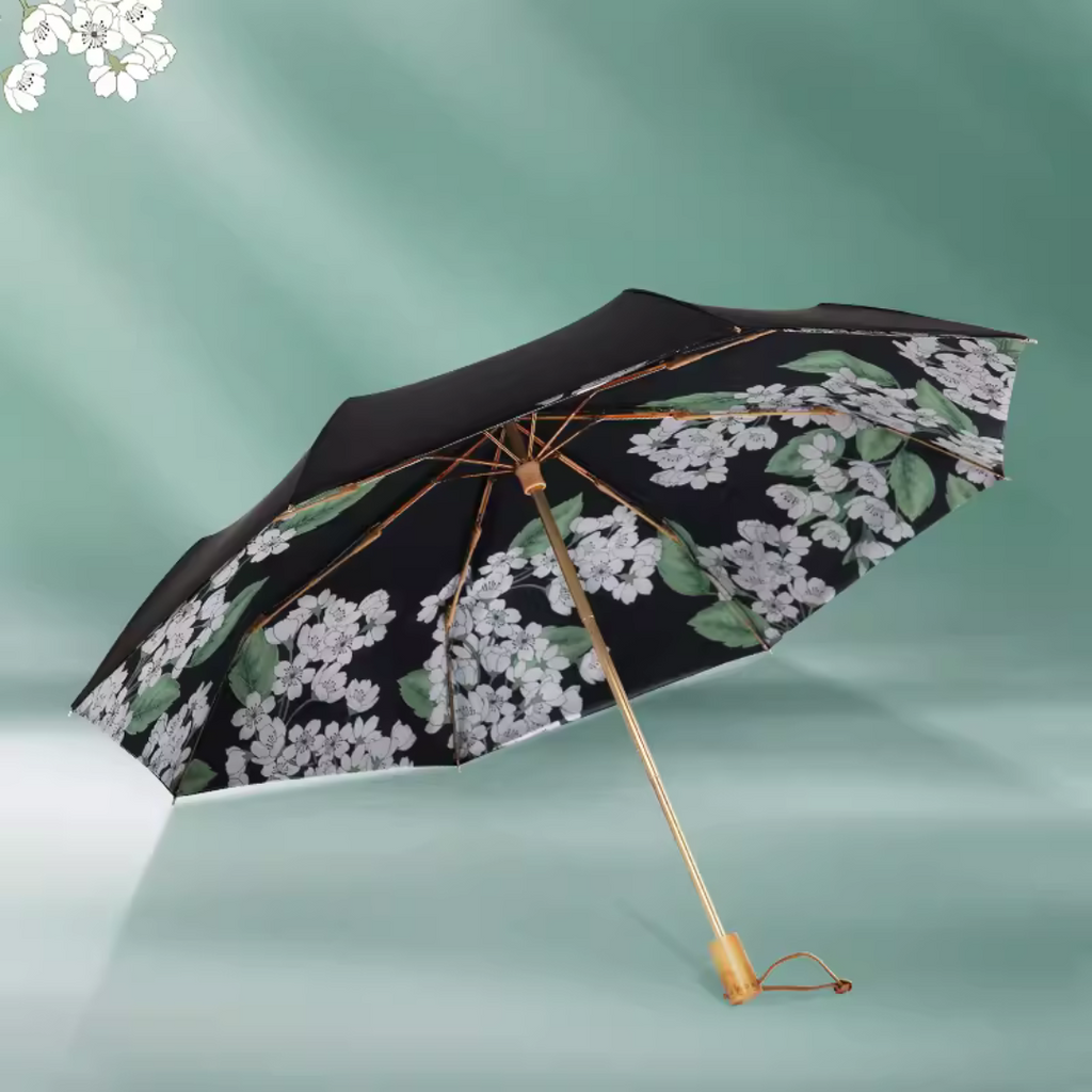 白い棠梨柄 晴雨兼用折りたたみ傘 8本骨 UPF50+