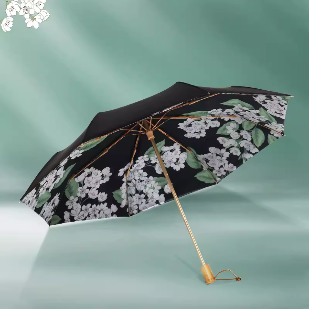 白い棠梨柄 晴雨兼用折りたたみ傘 8本骨 UPF50+