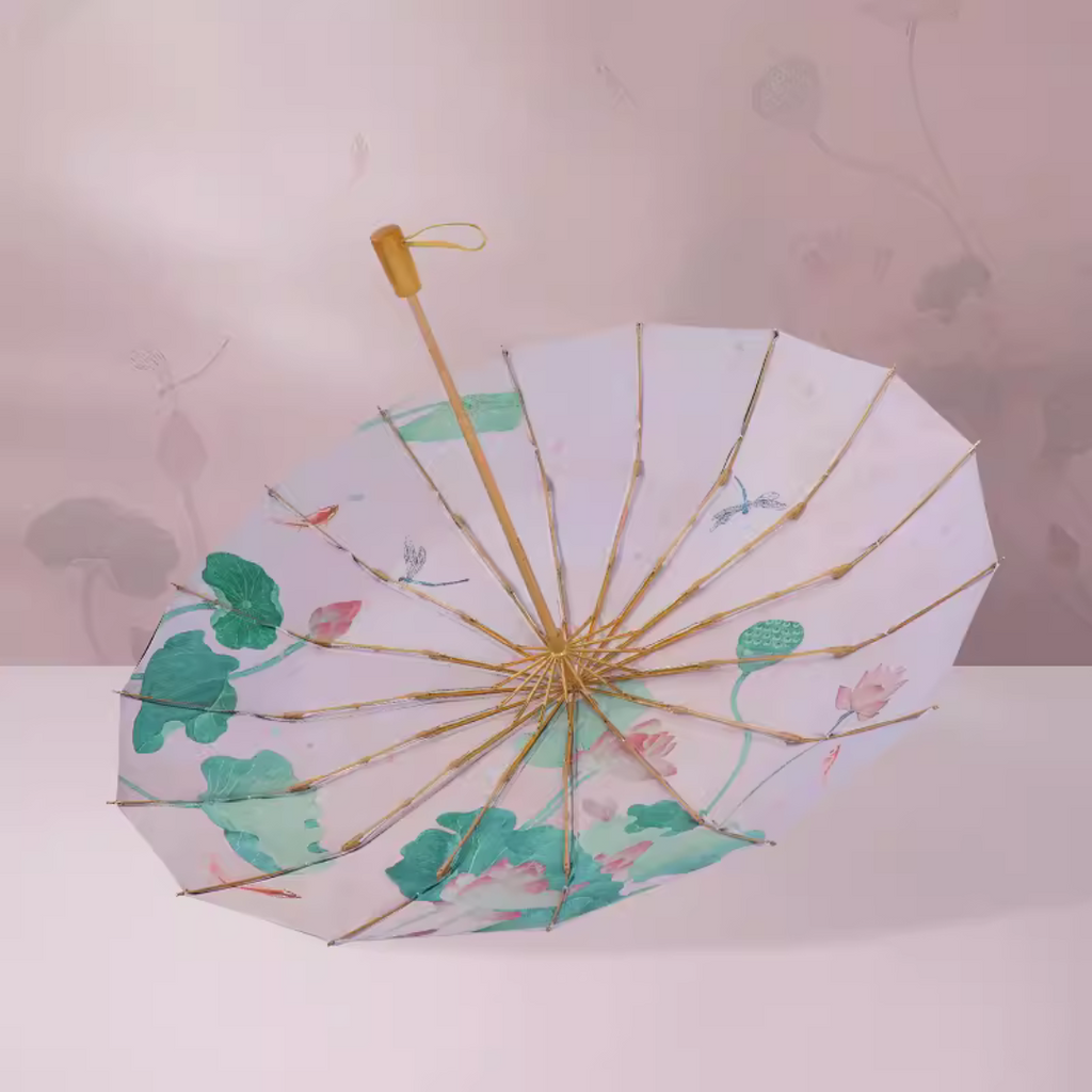 睡蓮柄 晴雨兼用折りたたみ傘 16本骨 UPF50+